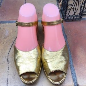 Vintage Ralph Lauren Peep Toe Gold Leather Sandals Size 7B